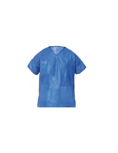 Chaqueta quirúrgica desechable SMS - Tres Bosillos. Color azul. Cuello pico. Manga corta. Talla L